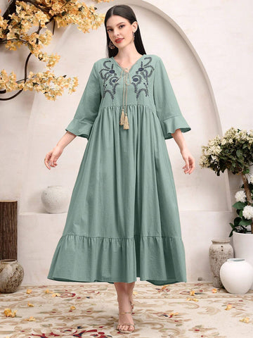 Women's Floral Print Patchwork Tassel Hem Ruffle Hem Dress