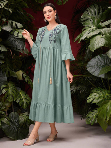 Women's Floral Print Patchwork Tassel Hem Ruffle Hem Dress