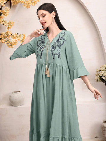 Women's Floral Print Patchwork Tassel Hem Ruffle Hem Dress