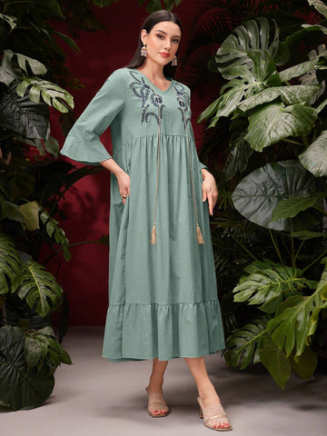 Women's Floral Print Patchwork Tassel Hem Ruffle Hem Dress