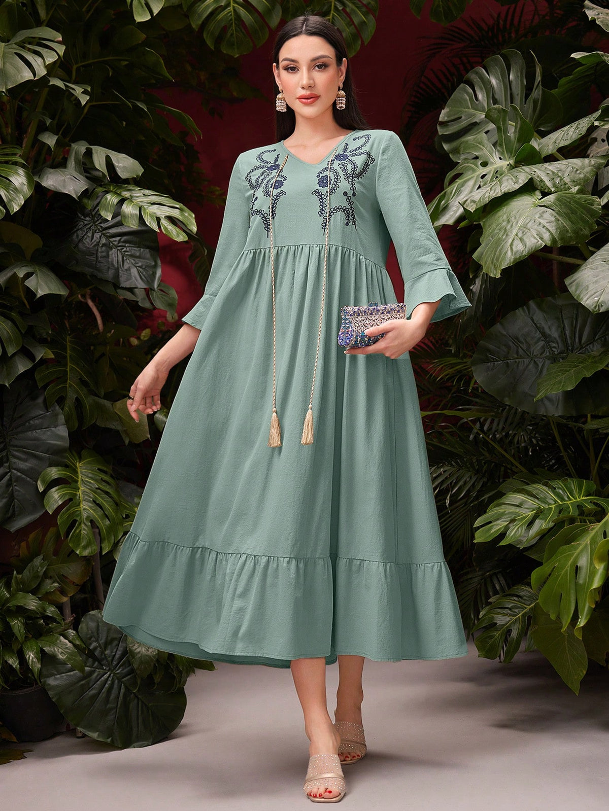 Women's Floral Print Patchwork Tassel Hem Ruffle Hem Dress