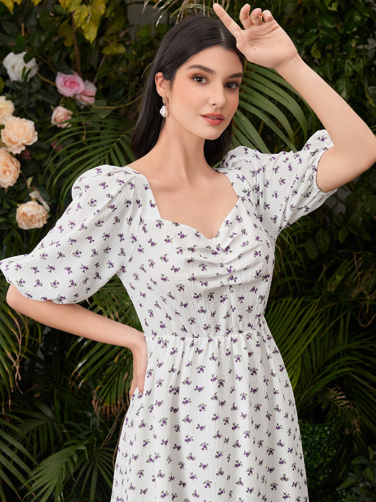 Women's Floral Print Puff Sleeve Pleated Dress