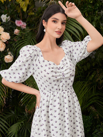 Women's Floral Print Puff Sleeve Pleated Dress