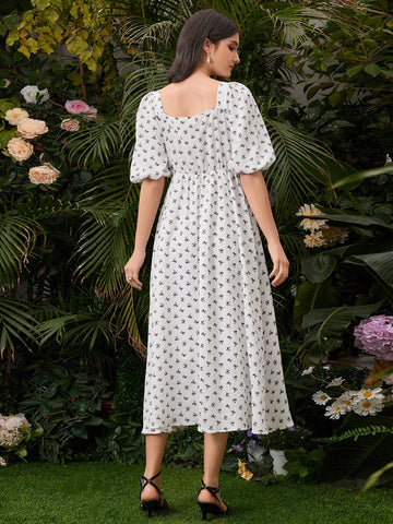 Women's Floral Print Puff Sleeve Pleated Dress