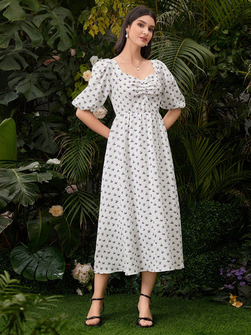 Women's Floral Print Puff Sleeve Pleated Dress