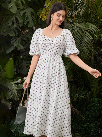 Women's Floral Print Puff Sleeve Pleated Dress