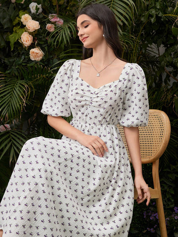 Women's Floral Print Puff Sleeve Pleated Dress