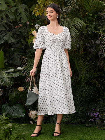 Women's Floral Print Puff Sleeve Pleated Dress