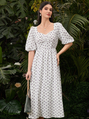 Women's Floral Print Puff Sleeve Pleated Dress