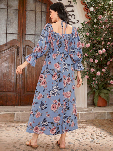 Women's Floral Print Ruffle Sleeve Dress