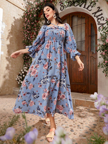 Women's Floral Print Ruffle Sleeve Dress