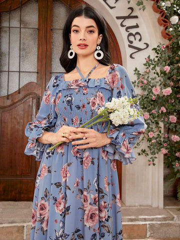 Women's Floral Print Ruffle Sleeve Dress