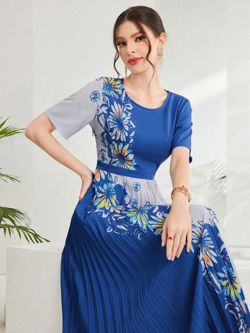 Women's Floral Print Short Sleeve Pleated Dress
