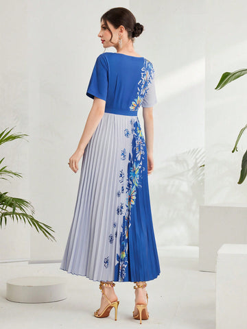 Women's Floral Print Short Sleeve Pleated Dress