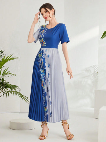 Women's Floral Print Short Sleeve Pleated Dress