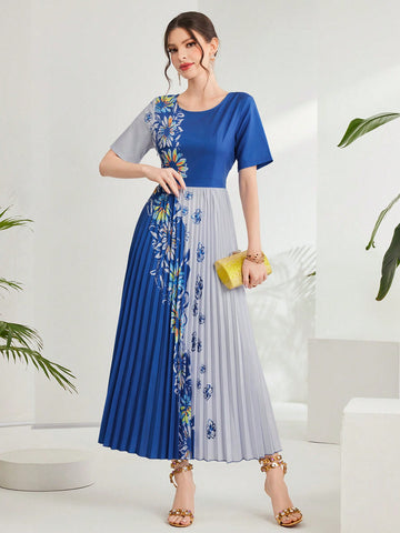 Women's Floral Print Short Sleeve Pleated Dress