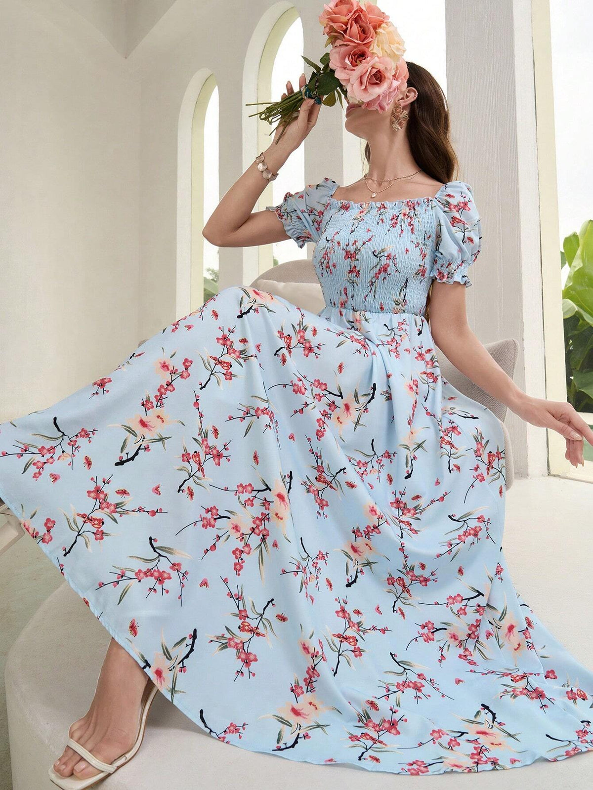 Women's Floral Print Short Sleeve Vacation Style Dress