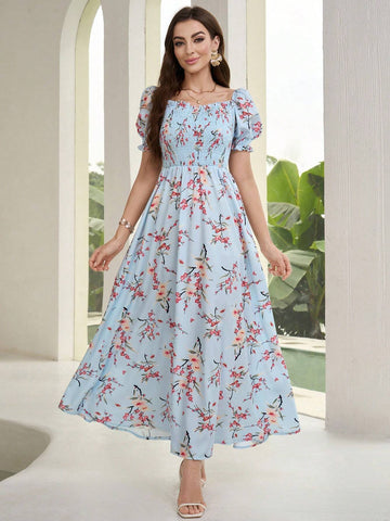 Women's Floral Print Short Sleeve Vacation Style Dress