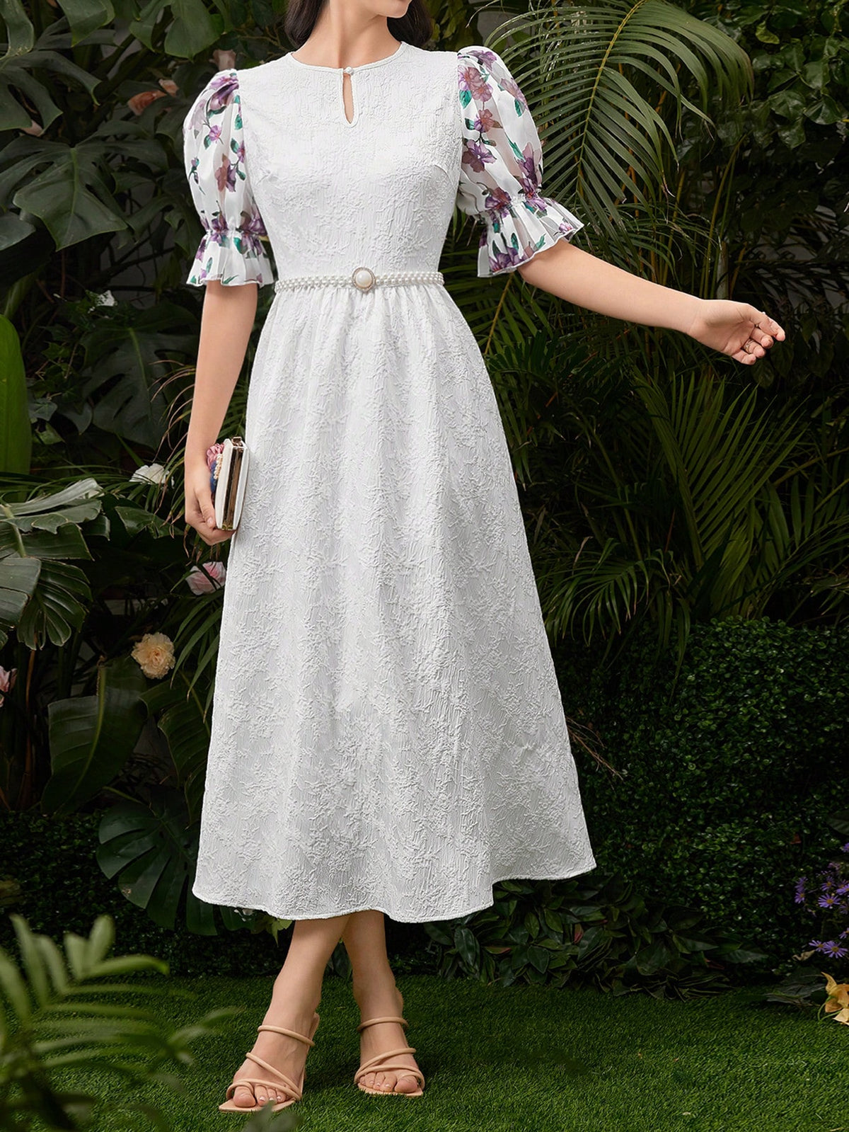 Women's Floral Print Splicing Puff Sleeve Dress