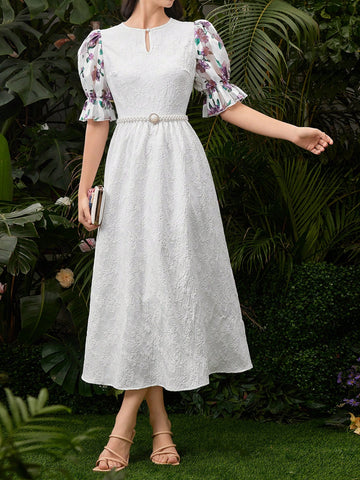 Women's Floral Print Splicing Puff Sleeve Dress