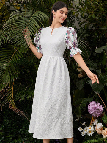 Women's Floral Print Splicing Puff Sleeve Dress