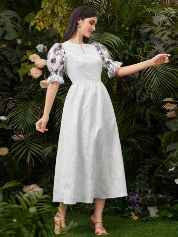 Women's Floral Print Splicing Puff Sleeve Dress