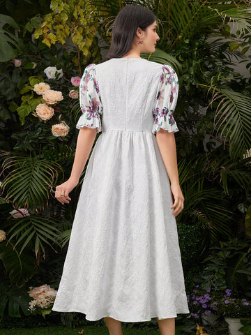 Women's Floral Print Splicing Puff Sleeve Dress