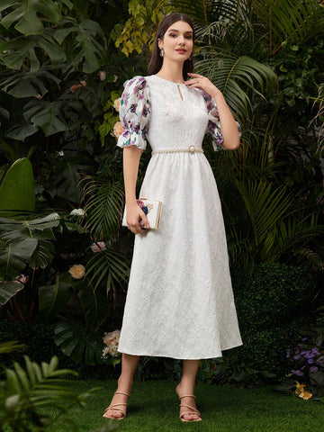 Women's Floral Print Splicing Puff Sleeve Dress