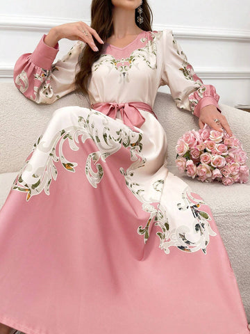 Women's Floral Print V-Neck Belted Elegant Long Sleeve Dress