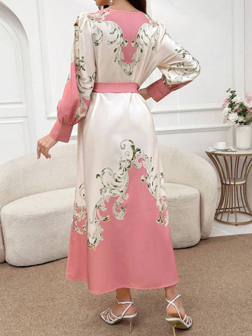 Women's Floral Print V-Neck Belted Elegant Long Sleeve Dress