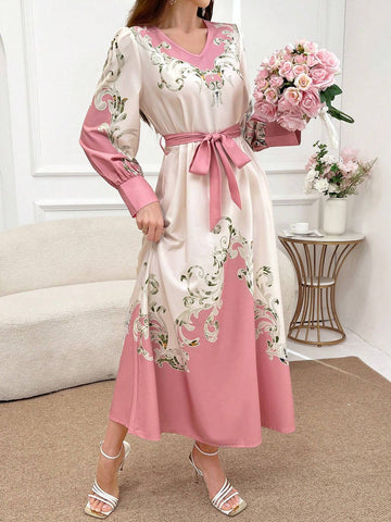 Women's Floral Print V-Neck Belted Elegant Long Sleeve Dress