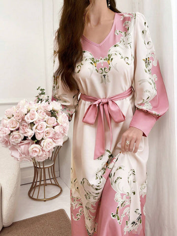 Women's Floral Print V-Neck Belted Elegant Long Sleeve Dress