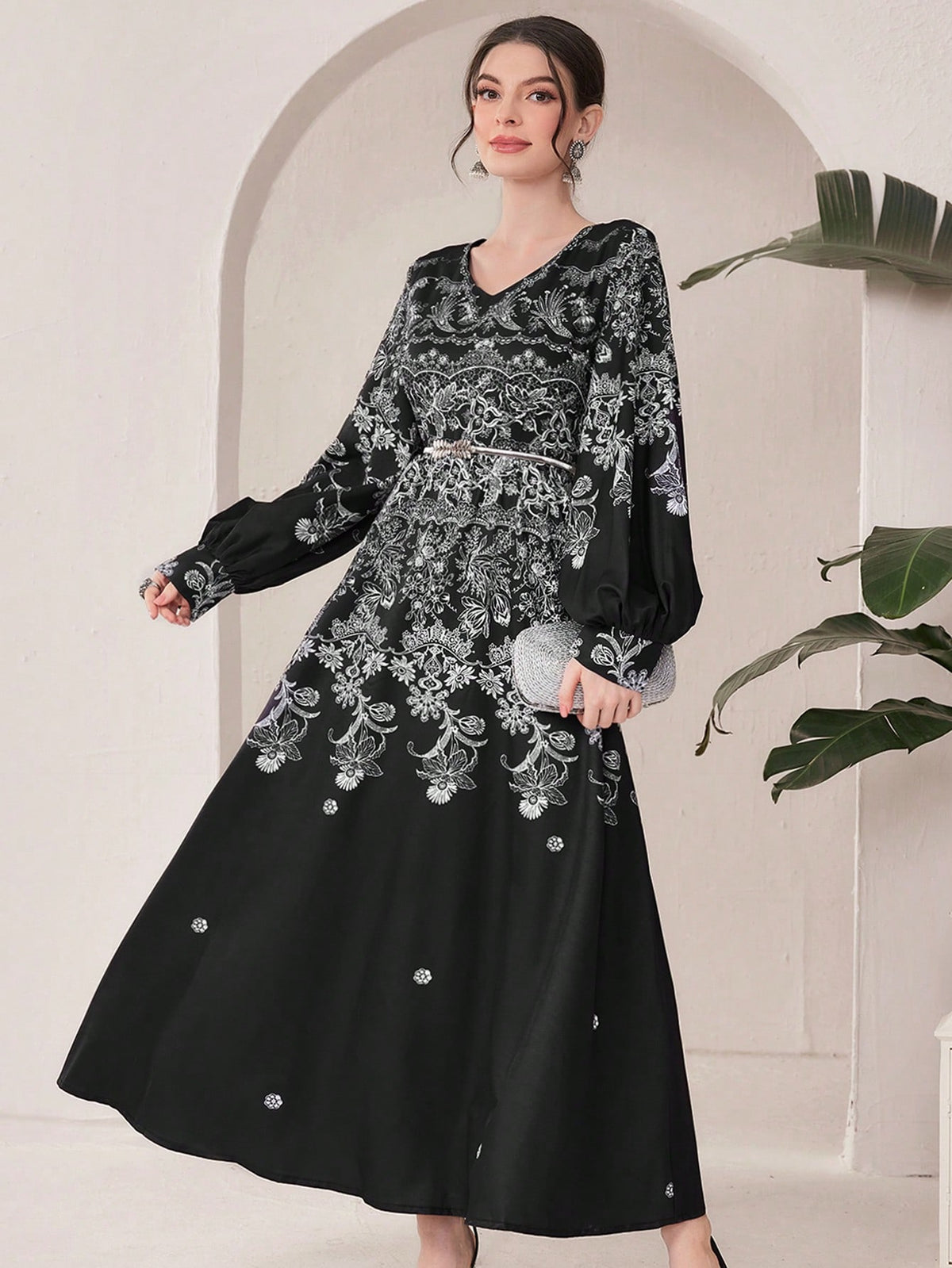 Women's Floral Print V-Neck Waist Tie Dress