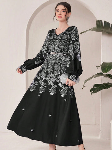Women's Floral Print V-Neck Waist Tie Dress