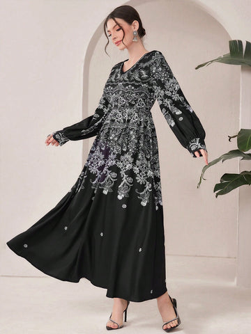 Women's Floral Print V-Neck Waist Tie Dress