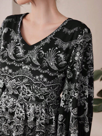 Women's Floral Print V-Neck Waist Tie Dress