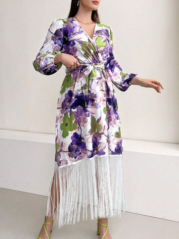 Women's Floral Printed Fringe Hem Wrap Dress