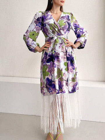 Women's Floral Printed Fringe Hem Wrap Dress