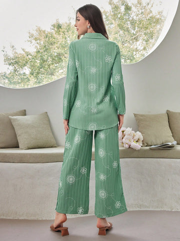 Women's Floral Printed Long Sleeve Top And Pants Set