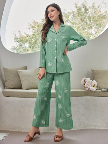 Women's Floral Printed Long Sleeve Top And Pants Set