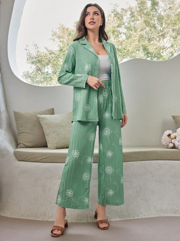 Women's Floral Printed Long Sleeve Top And Pants Set