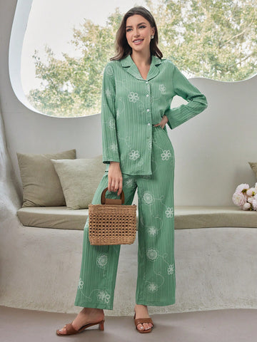 Women's Floral Printed Long Sleeve Top And Pants Set