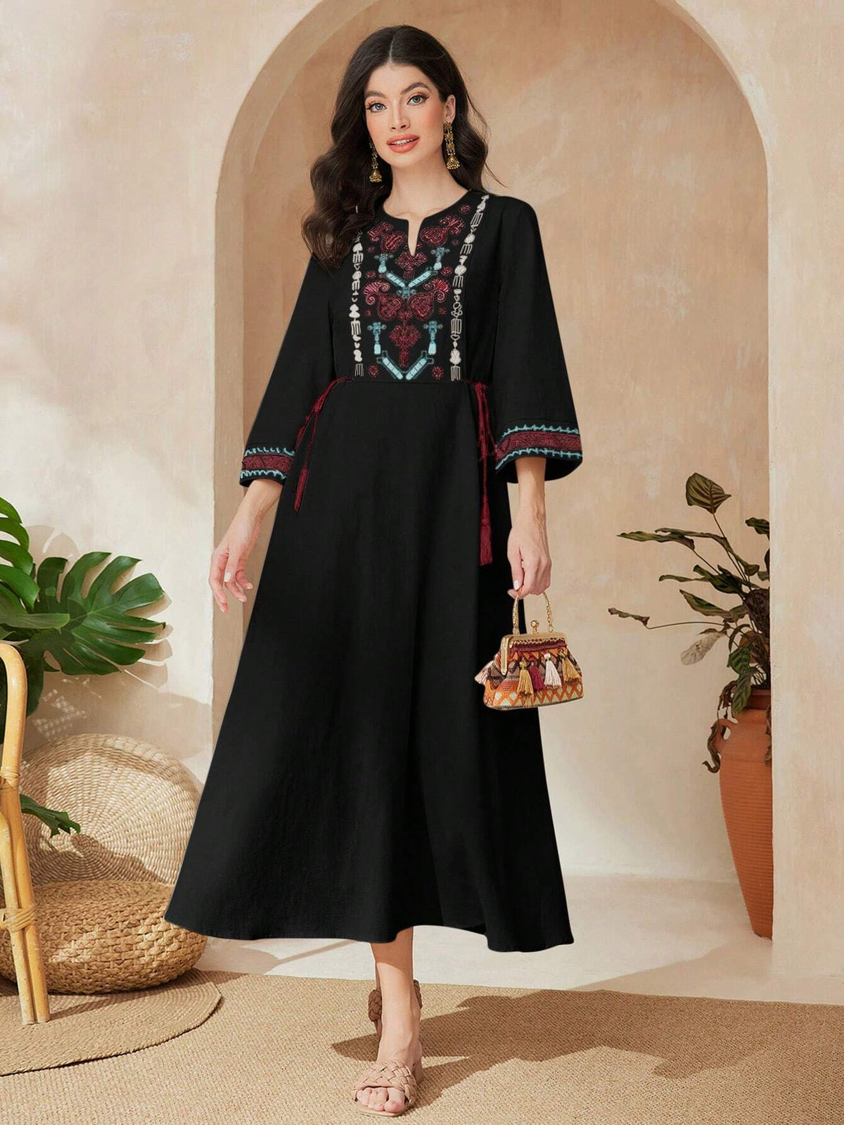 Women's Floral Printed Notched V-Neck Dress With Waist Panel And Tassel Hem