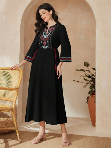 Women's Floral Printed Notched V-Neck Dress With Waist Panel And Tassel Hem