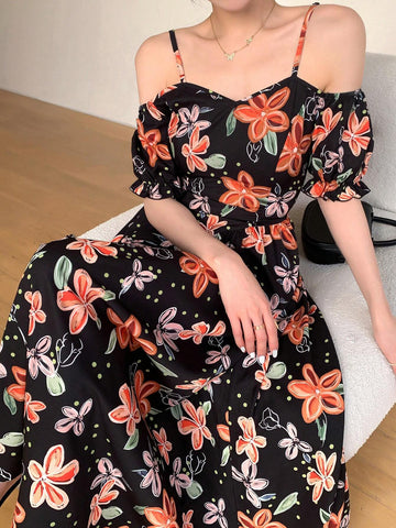 Women's Floral Printed Summer Vacation Spaghetti Strap Dress