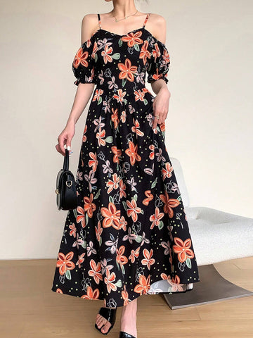 Women's Floral Printed Summer Vacation Spaghetti Strap Dress