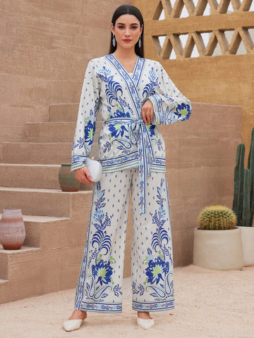 Women's Floral Printed V-Neck Belted Top And Pants Two-Piece Set