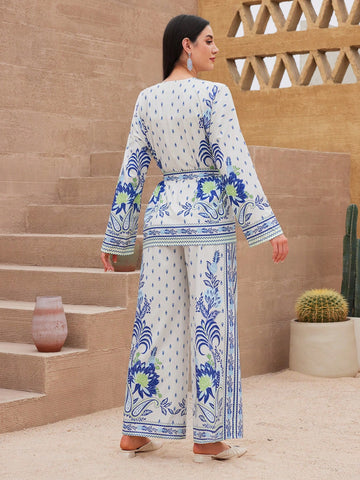 Women's Floral Printed V-Neck Belted Top And Pants Two-Piece Set