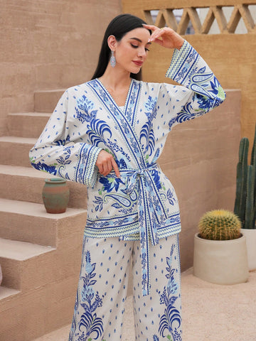 Women's Floral Printed V-Neck Belted Top And Pants Two-Piece Set