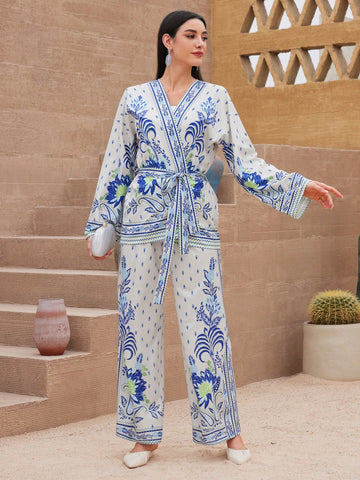 Women's Floral Printed V-Neck Belted Top And Pants Two-Piece Set